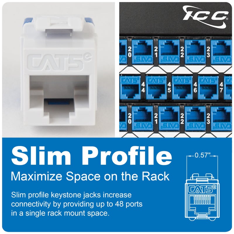 ICC CAT5e Keystone Jack with Slim Profile 180 Degree Punch Down, RJ45 UL Listed PoE++ TAA VoIP Compliant for Wall Plate or Patch Panel, Works with JackEasy Termination Tool, Blue 25 Pack - Image 3